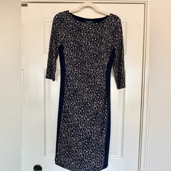 Lauren Ralph Lauren classic sheath dress in a navy & neutral abstract print S 4 - Picture 12 of 13